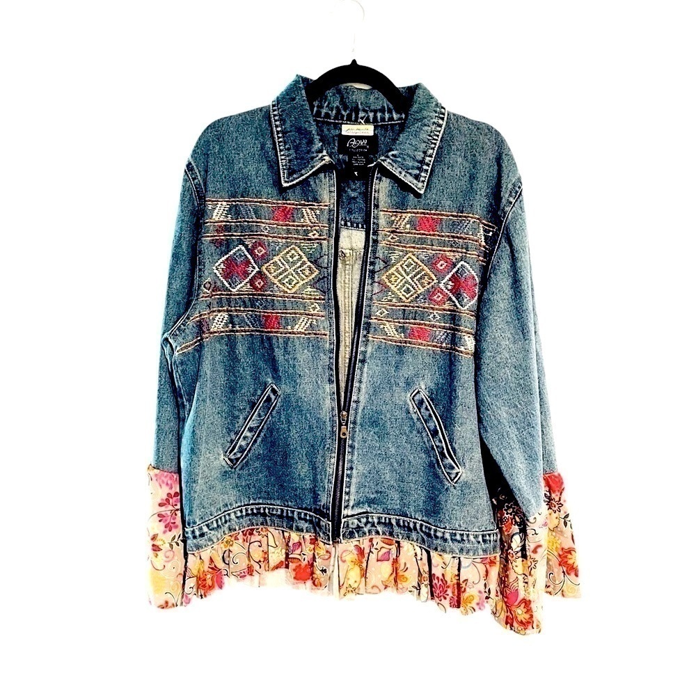 Agapo Vintage Denim Jacket Southwestern Embroidered Large